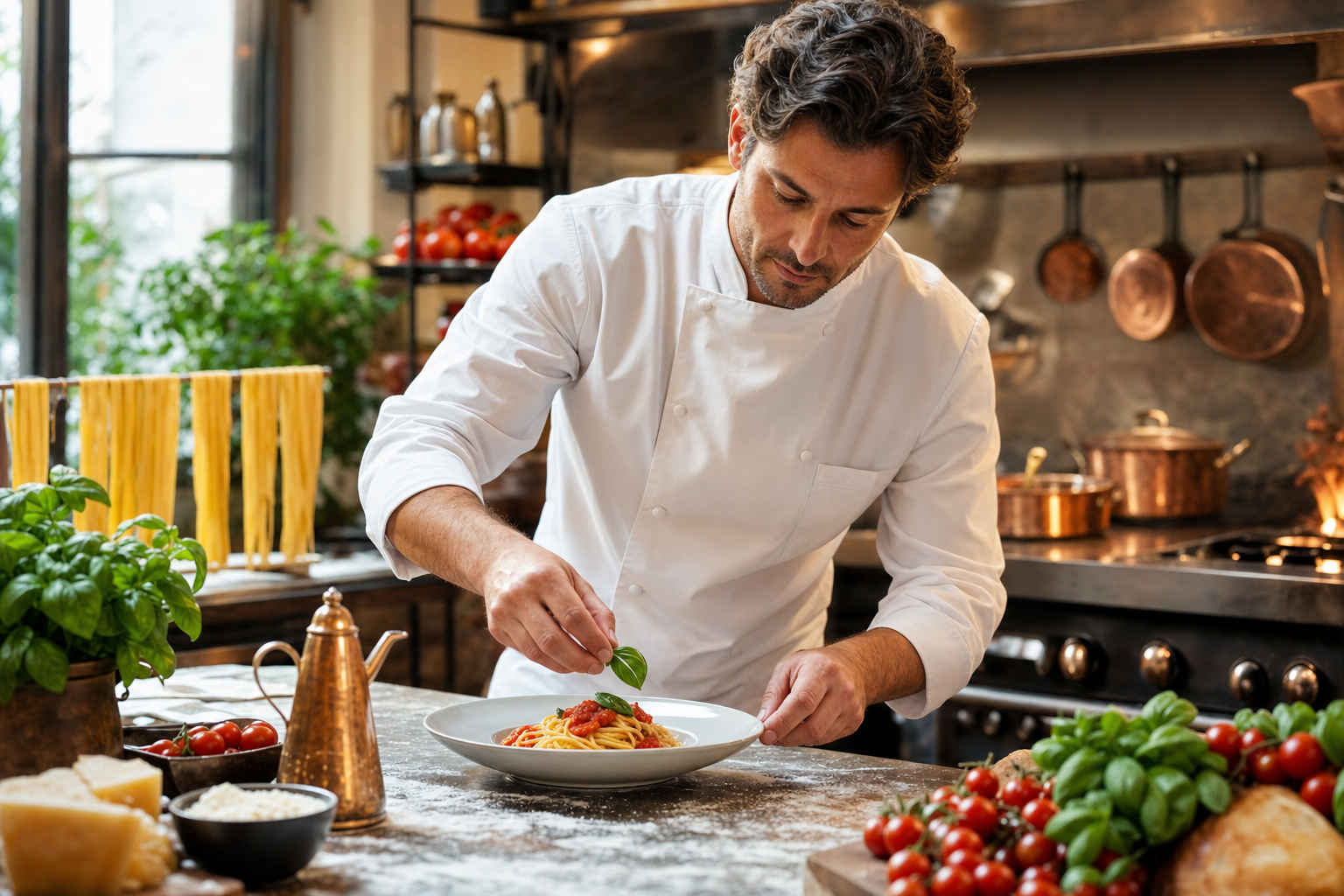 Chef preparing pasta with fresh Italian ingredients