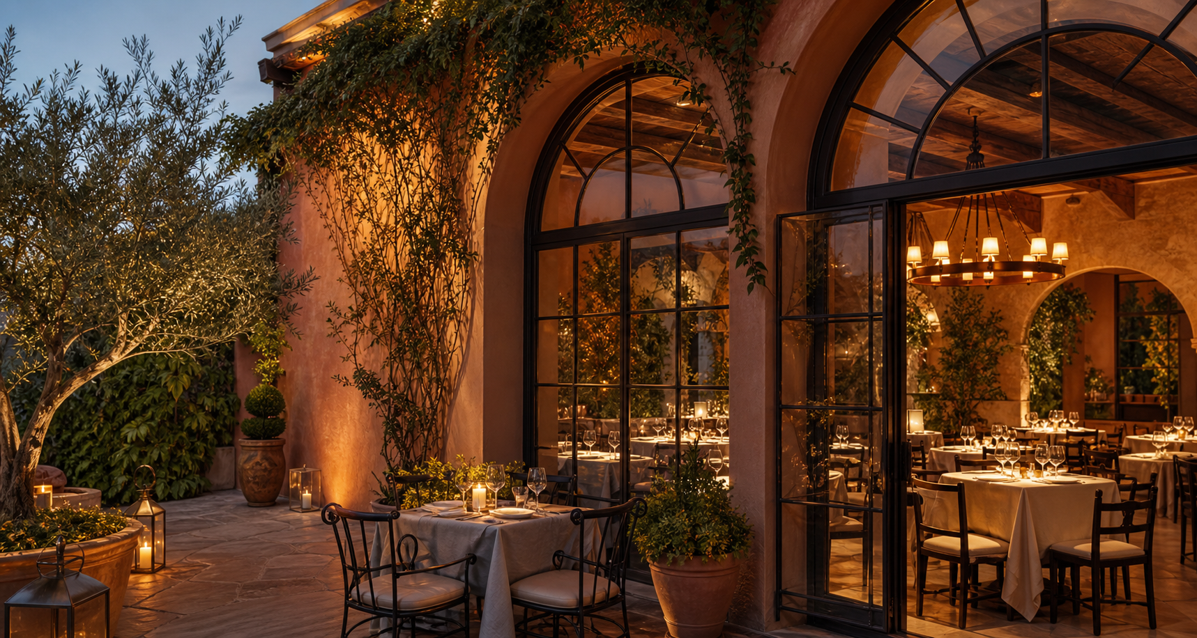Bella Italia candlelit restaurant exterior and dining room
