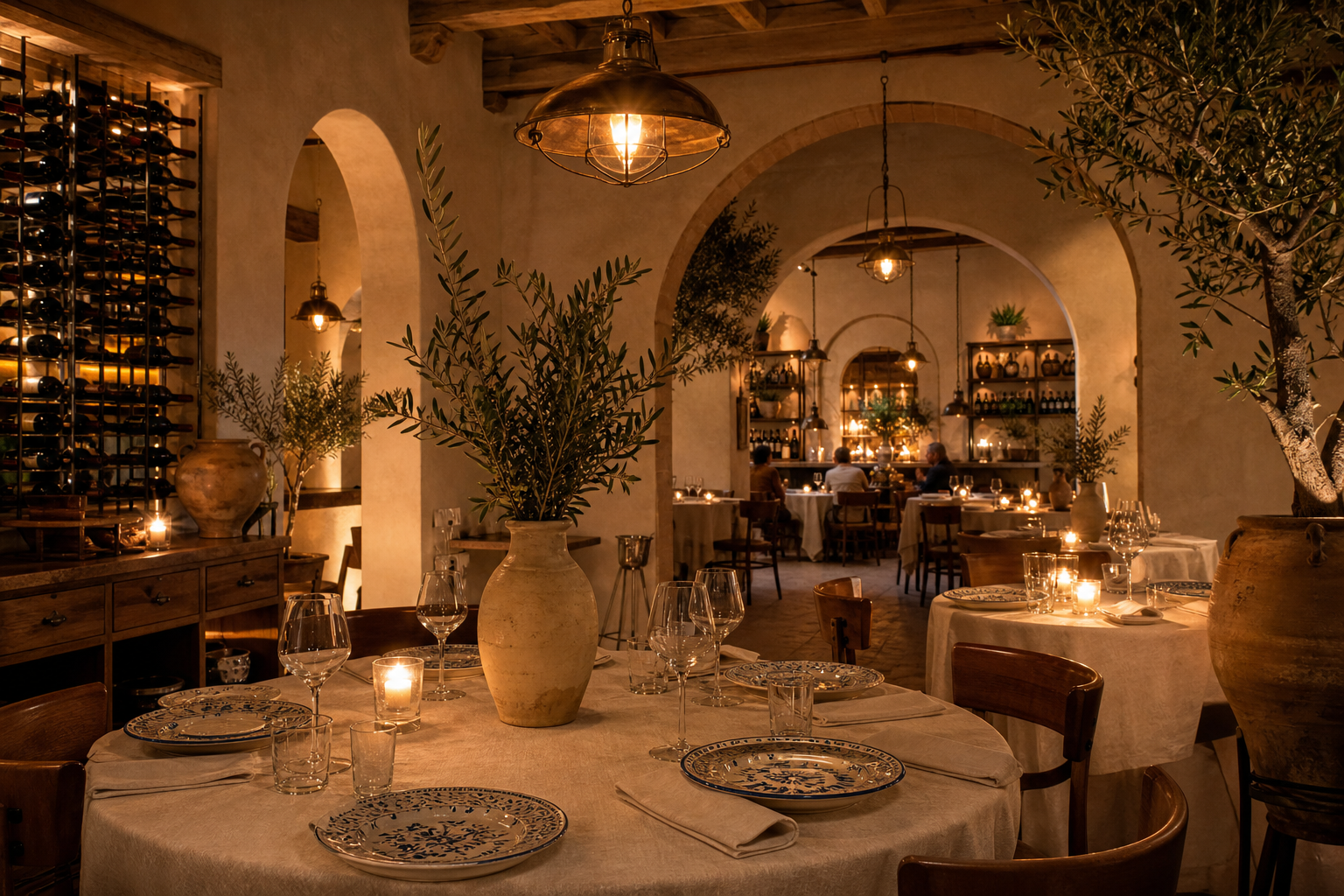 Bella Italia candlelit interior with arches and olive branches