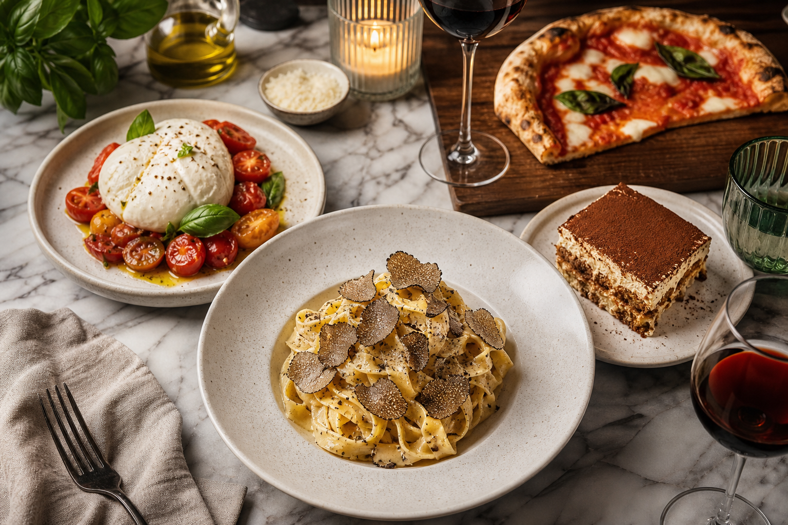Truffle tagliatelle, burrata, pizza, and tiramisu